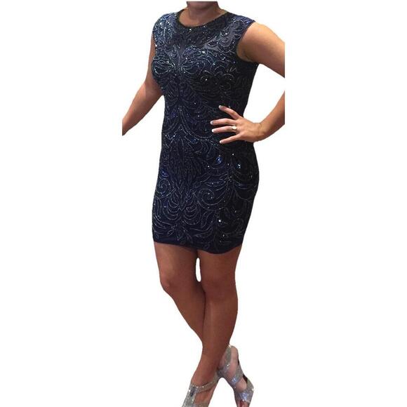 Primavera Couture Fitted Mesh Navy BlueBeaded Dress Sz 10 Prom Formal Homecoming - Picture 11 of 11